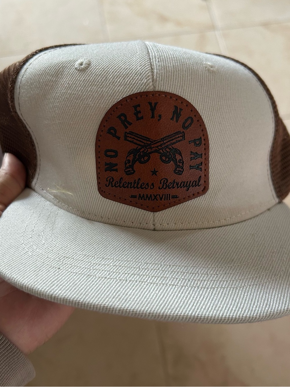 No prey no pay Men's Trucker Hat - Cream and Brown with Leather Patch #96
